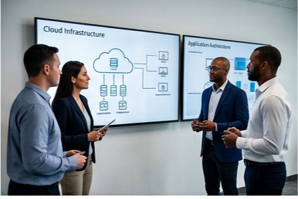 DiverseITS-style consultants reviewing a cloud infrastructure and application architecture diagram