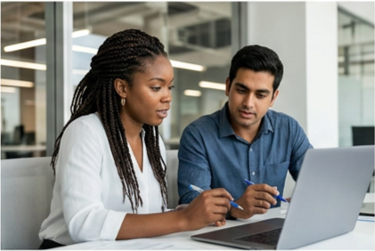 Two DiverseITS-style consultants reviewing project details together on a laptop