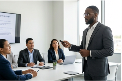 A DiverseITS-style leader presenting project findings to colleagues in a meeting room