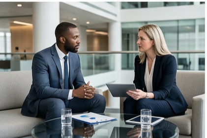 Two professionals in a consultation-style discussion about a project