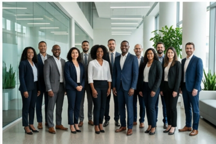 A DiverseITS-style collaborative technology team standing together in a modern office